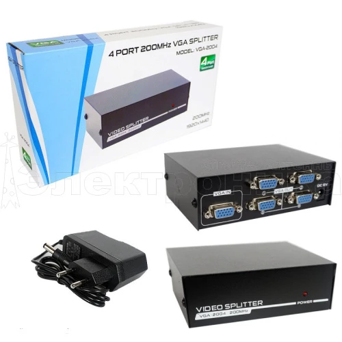 разветвитель vga splitter 1x4 vga-2004 делитель vga сигнала на 4, 1 вх - 4 вых,  4port (black)   фото