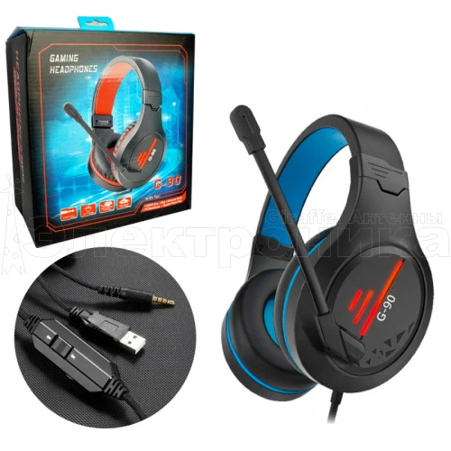 наушники полноразмерные g90 проводные, с микрофоном, черно-голубые, для компьютера, игровые  фото