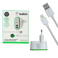 блок питания belkin 5в, 2.1а f8j053 зарядное устройство с 2 usb + кабель iphone 1,2 м белый  фото