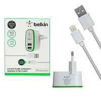 блок питания belkin 5в, 2.1а f8j053 зарядное устройство с 2 usb + кабель iphone 1,2 м черный  фото