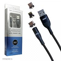 кабель usb mrm-360 3в1  lightning + micro + type-c тканевый сменный разъём на магните 360 гр. чёрный  фото