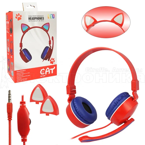 наушники большие cat bk-78 красно-синие проводные с микрофоном, кошачьи ушки, (aux) регул. громкости  фото